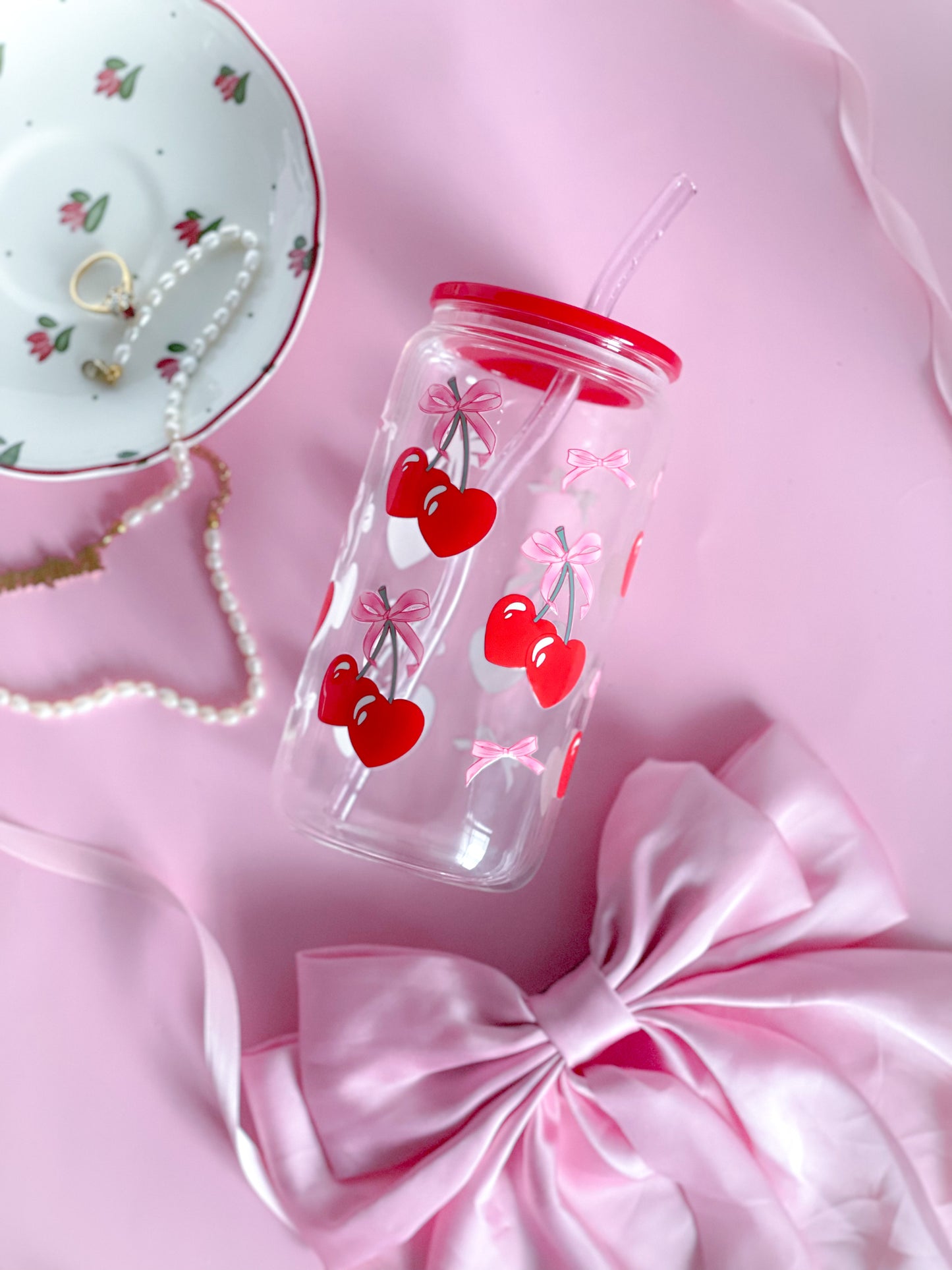 Coquette Cherry Hearts Glass Cup