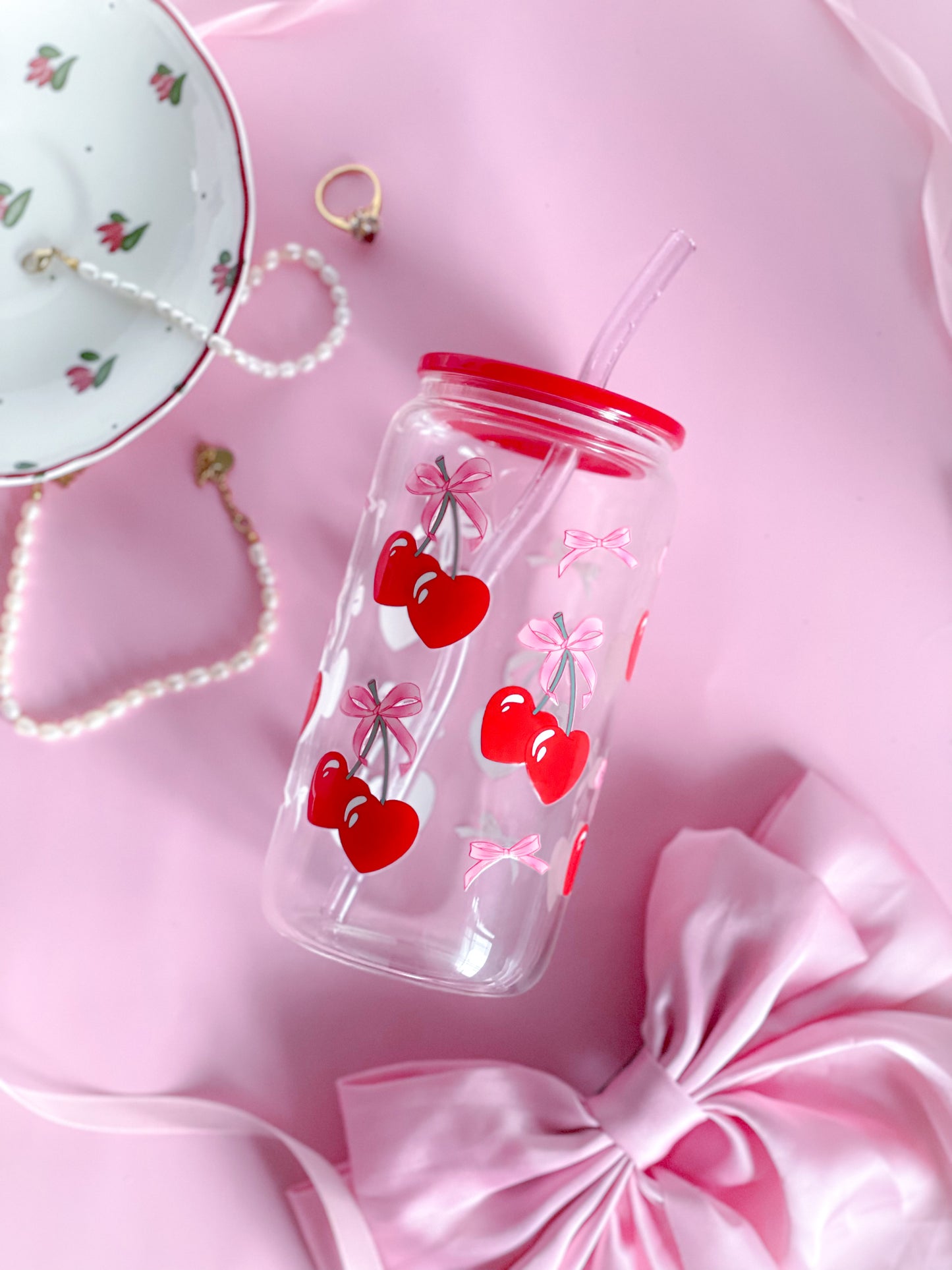 Coquette Cherry Hearts Glass Cup