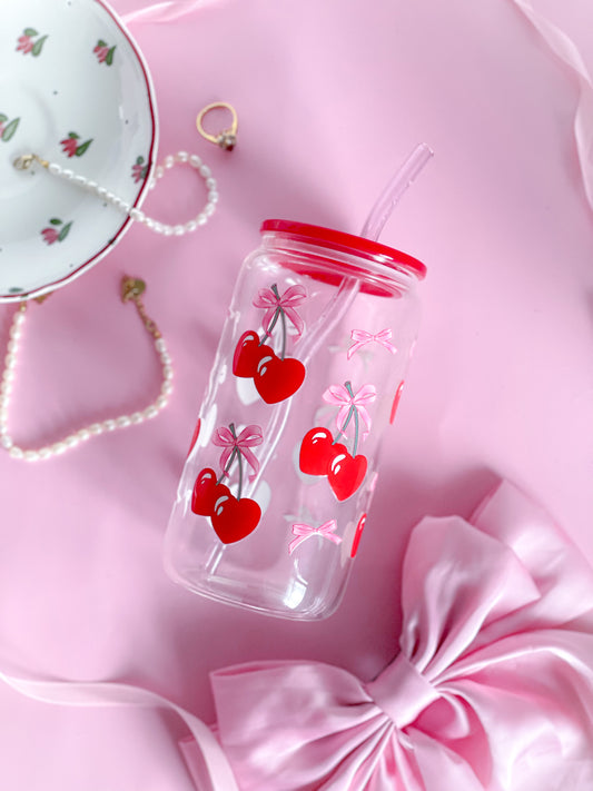 Coquette Cherry Hearts Glass Cup